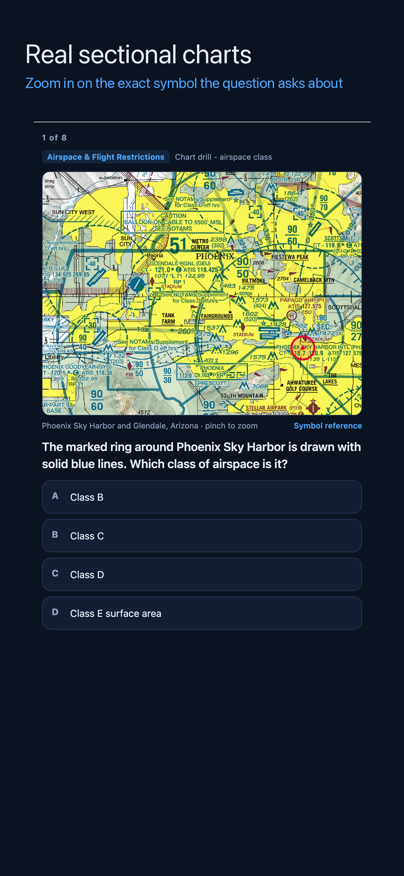 A Part 107 Ready sectional chart drill showing Phoenix airspace